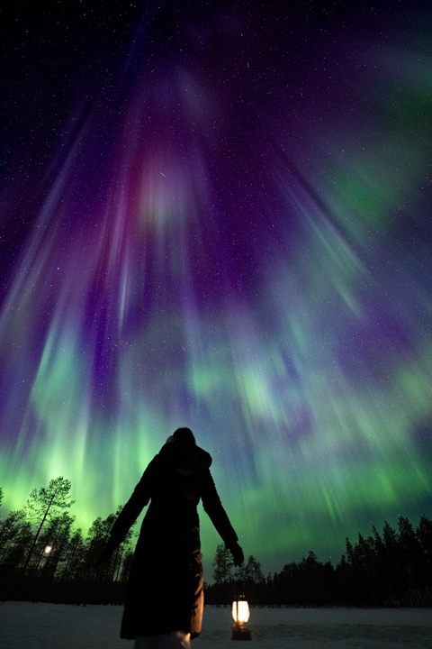 Ospite con una lanterna che osserva un'aurora boreale viola e verde