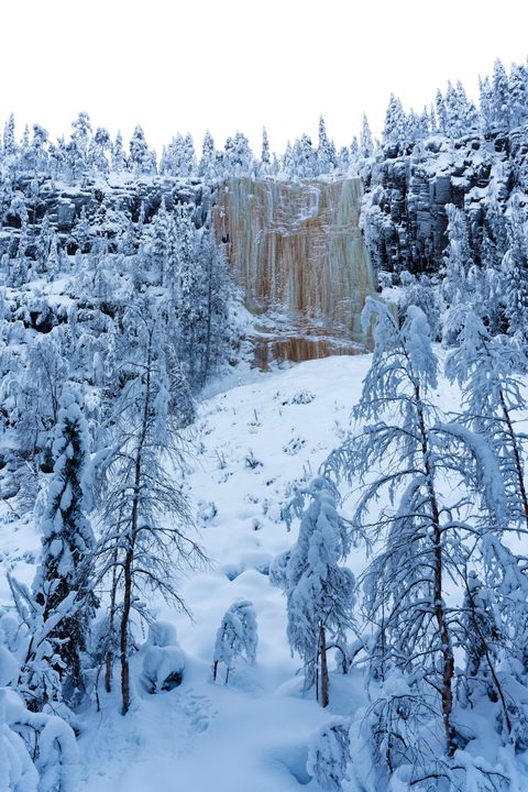 Frozen waterfall of brown and orange ice on the Korouoma canyon wall