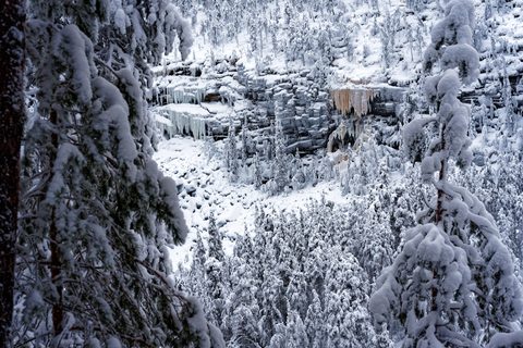 Icicles hanging from the snowy cliffs of Korouoma canyon