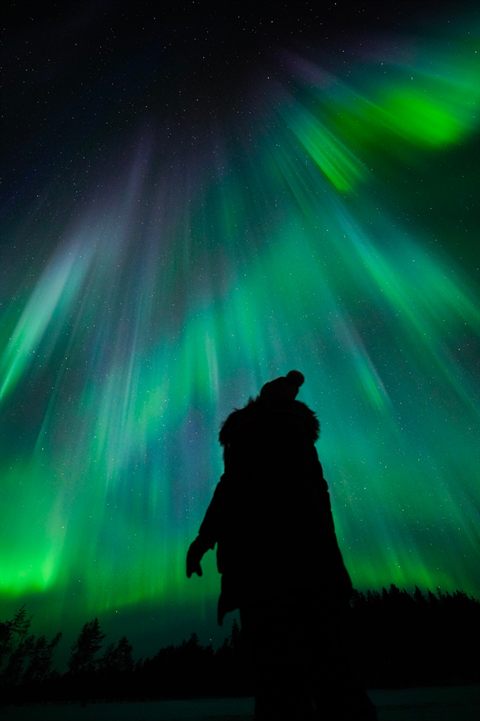 Gäste unter den Nordlichtern auf einer geführten Tour in Rovaniemi