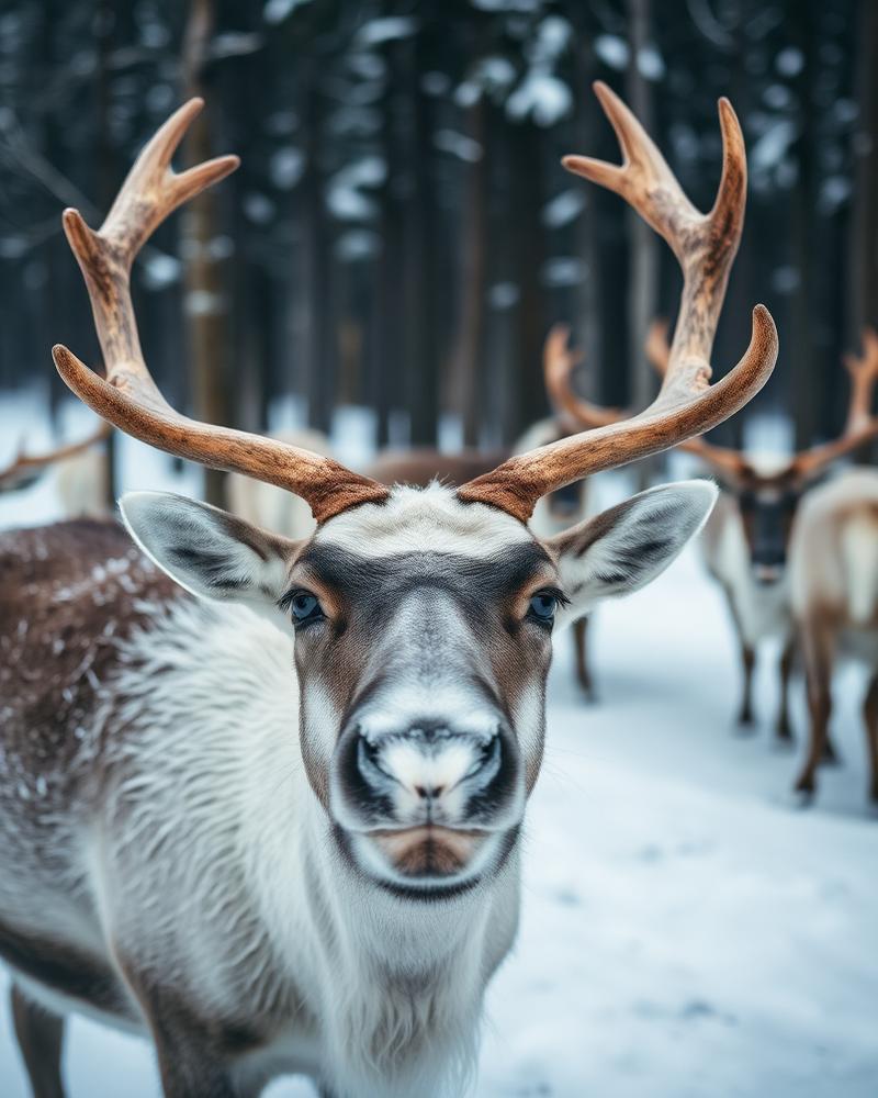 Reindeer in the snow on a winter day near Rovaniemi, Finnish Lapland
